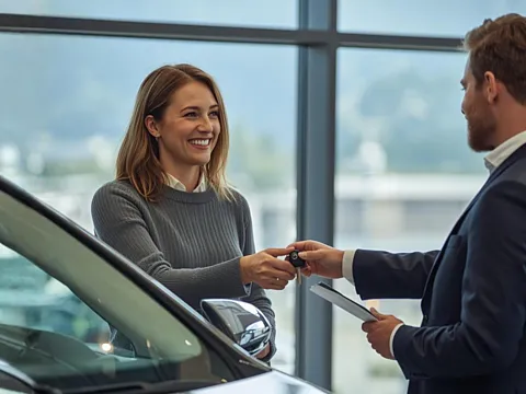 Automobilberater übergibt Kundin den Schlüssel für Ihr Auto im Abo in Luzern