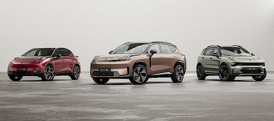 Lynk & Co Modelle 01 02 und 08 in Rot, Rosa und Grün