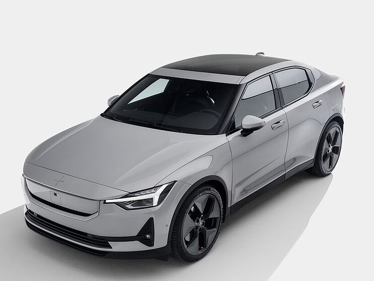Polestar 2 in Grau Front diagonal mit weissem Hintergrund