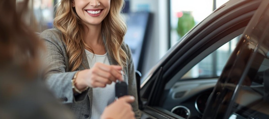 Blonde Frau die einen Autoschlüssel der Kundin übergibt