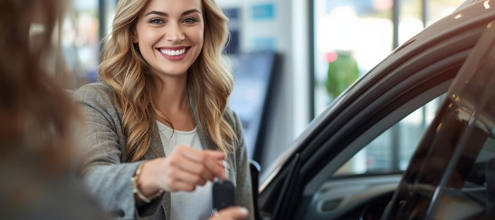 Blonde Frau die einen Autoschlüssel der Kundin übergibt