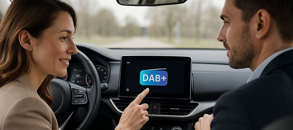 Zwei Personen im Cockpit eines Fahrzeugs, in der Mitte ein Display mit dem DAB+