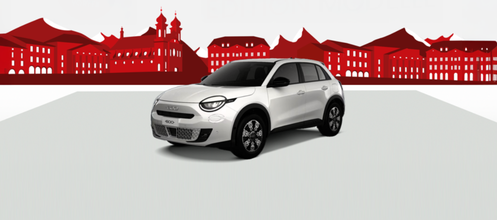 Fiat600 Swiss Edition in Weiss mit Schweizer Sehenswürdigkeiten im Hintergrund