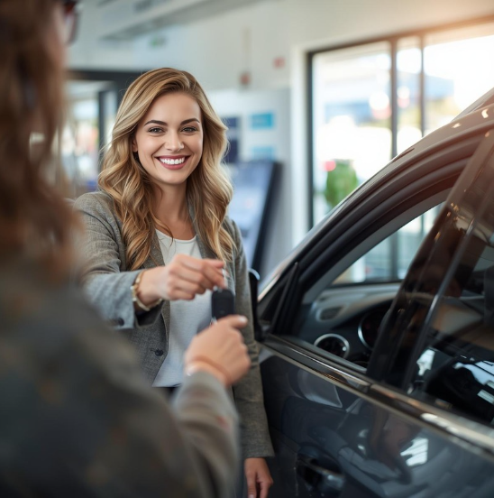 Blonde Frau die einen Autoschlüssel der Kundin übergibt